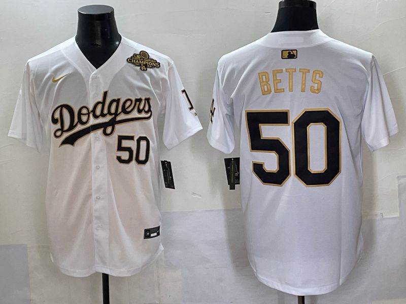 Men 2025 Los Angeles Dodgers #50 Betts White Gold Nike MLB Jersey style 6276